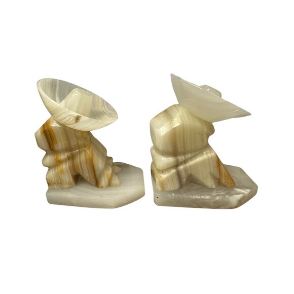 Vintage Onyx Stone Sleeping Mexican Carved Bookends Sombrero Pair - Picture 1 of 5